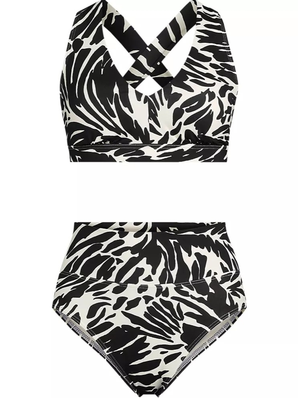 Lands' End Black & White Leaf Scroll High-Waist Bikini